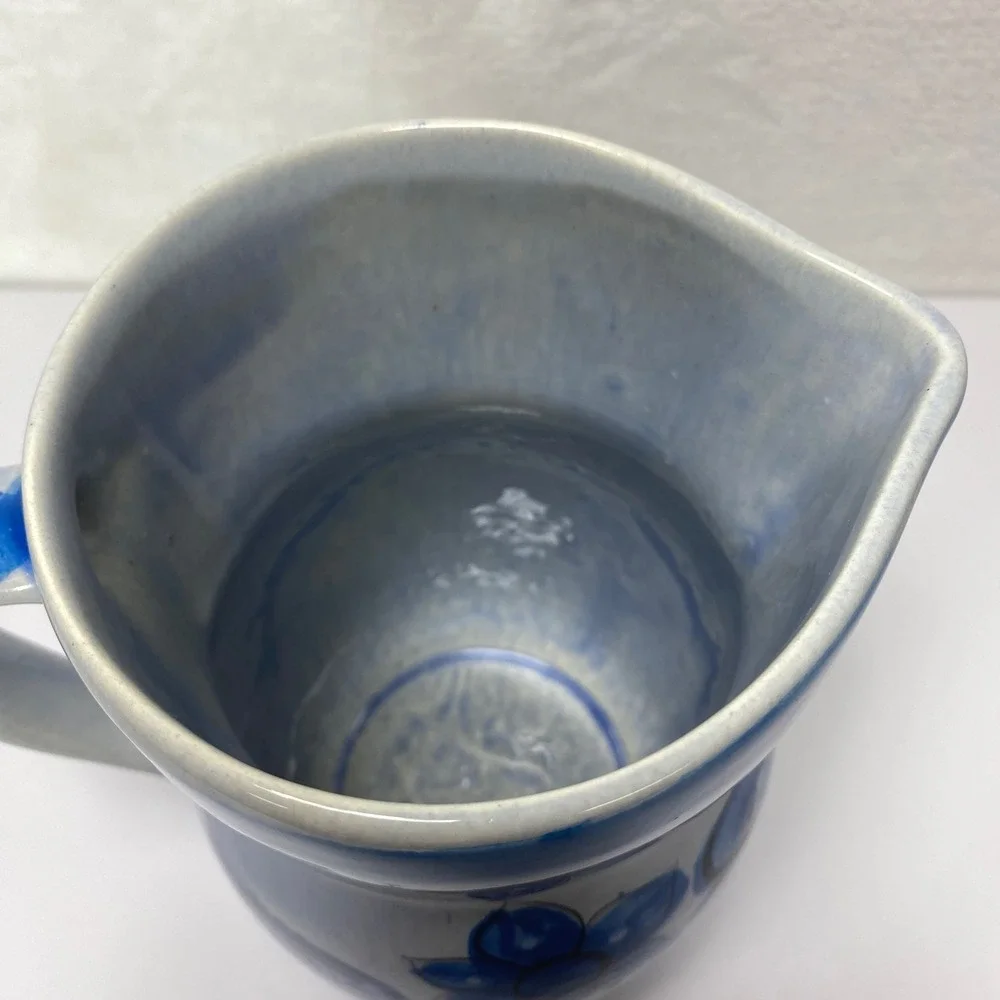 VTG Hand Painted Signed Tonala Mexican Folk Art Ceramic Pitcher Vase Blue Floral